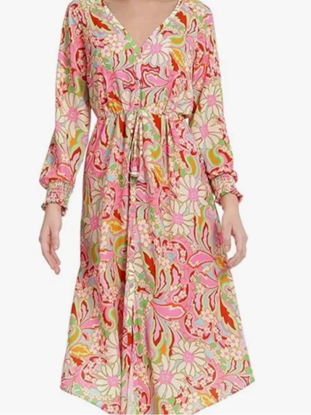Donna Morgan Pink Multi Floral V-Neck Long Sleeve Maxi Dress